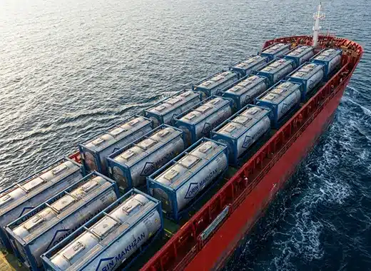 ISO tank containers loaded on a container ship for international transportation of liquid chemicals and food-grade materials