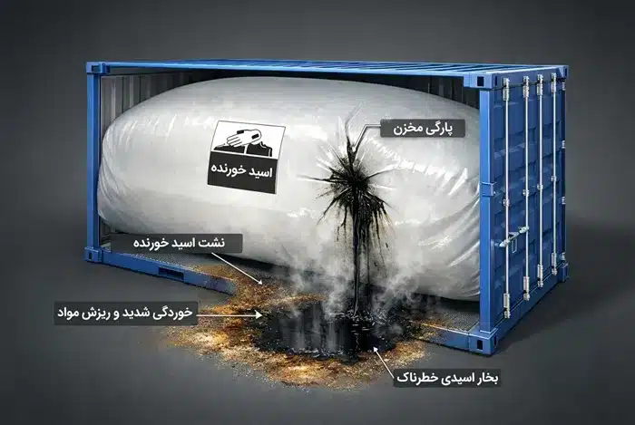 خطرات حمل مواد خطرناک با فلکسی تانک و نشت مواد شیمیایی در کانتینر حمل