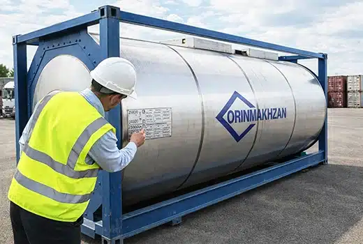 کارشناس فنی در حال بازرسی پلاک مشخصات و تست سلامت بدنه ایزوتانک اورین مخزن پیش از عقد قرارداد اجاره